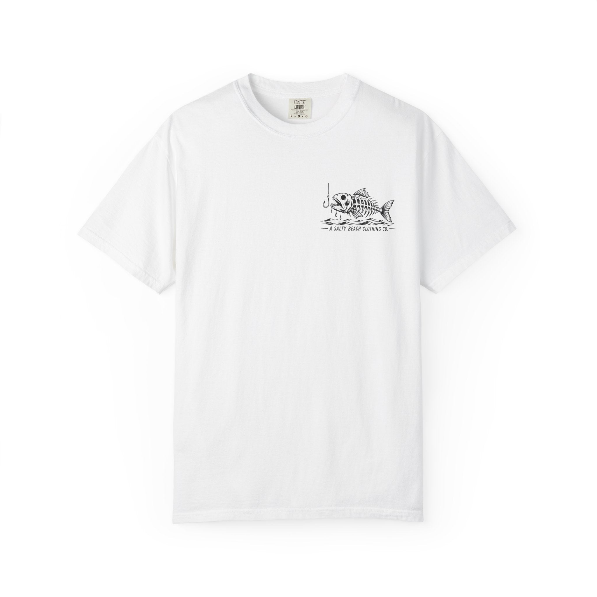 White t-shirt with a black logo on a white background