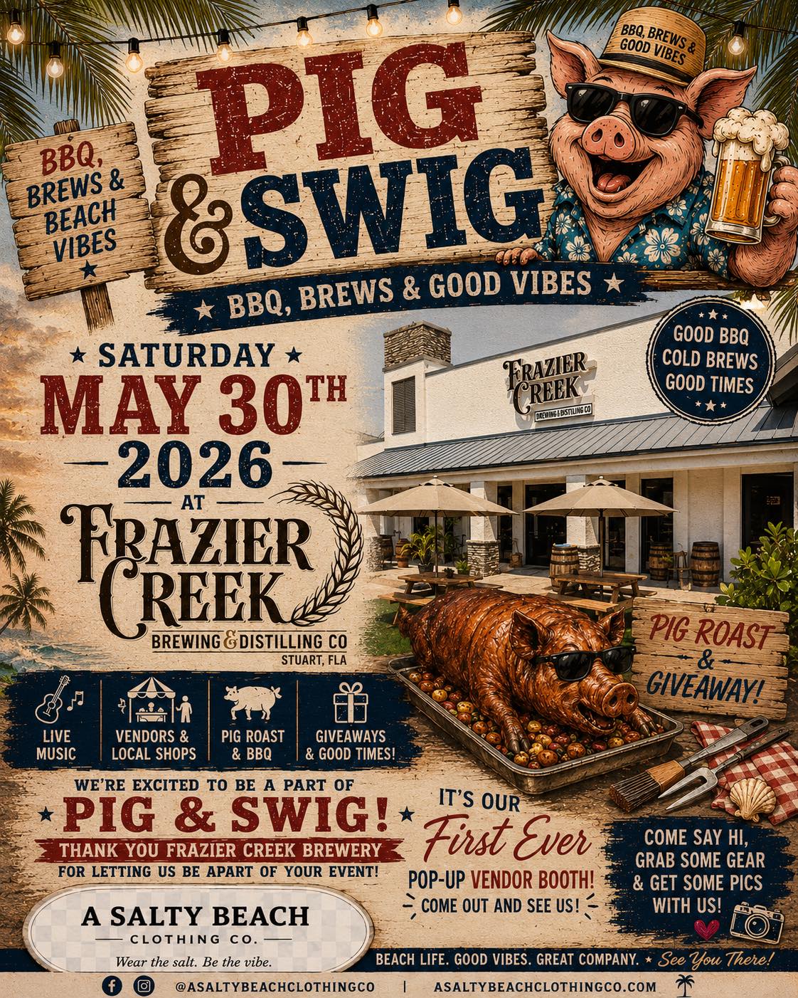 Promotional flyer for Pig & Swig event at Frazier Creek Brewing & Distilling Co.