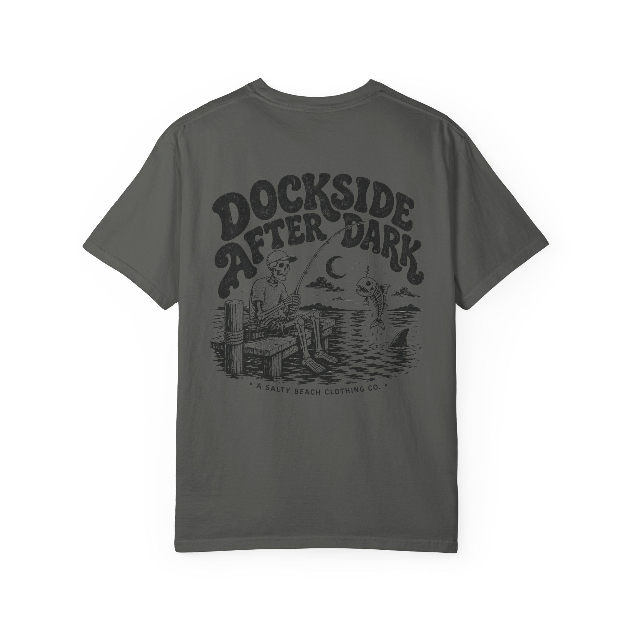 Khaki t-shirt with a pattern on the back against a white background