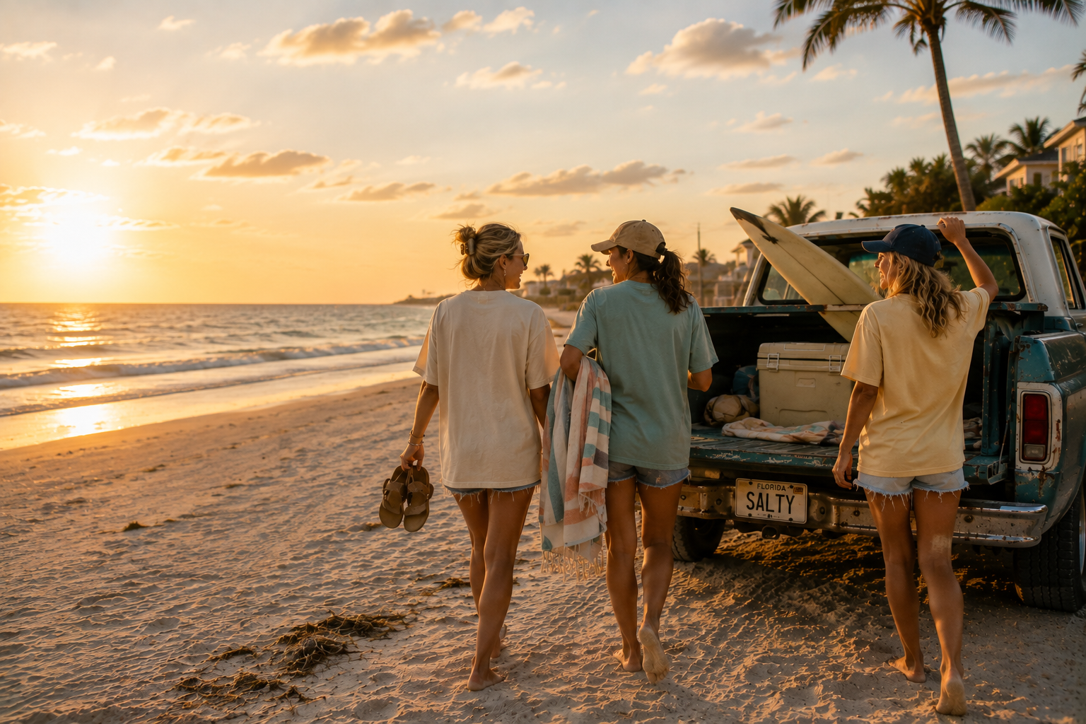 Three women walk away from a vintage pickup truck on a sandy beach at sunset, carrying towels and sandals, with ocean waves and palm trees in the background.