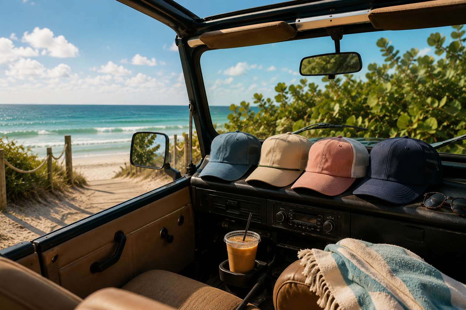 Five baseball caps in blue, beige, pink, and navy are lined up on the dashboard of a vintage convertible car, with a beach and ocean visible through the open top. A drink cup sits in the cup holder, and a blue and white fringed throw blanket rests on the seat.