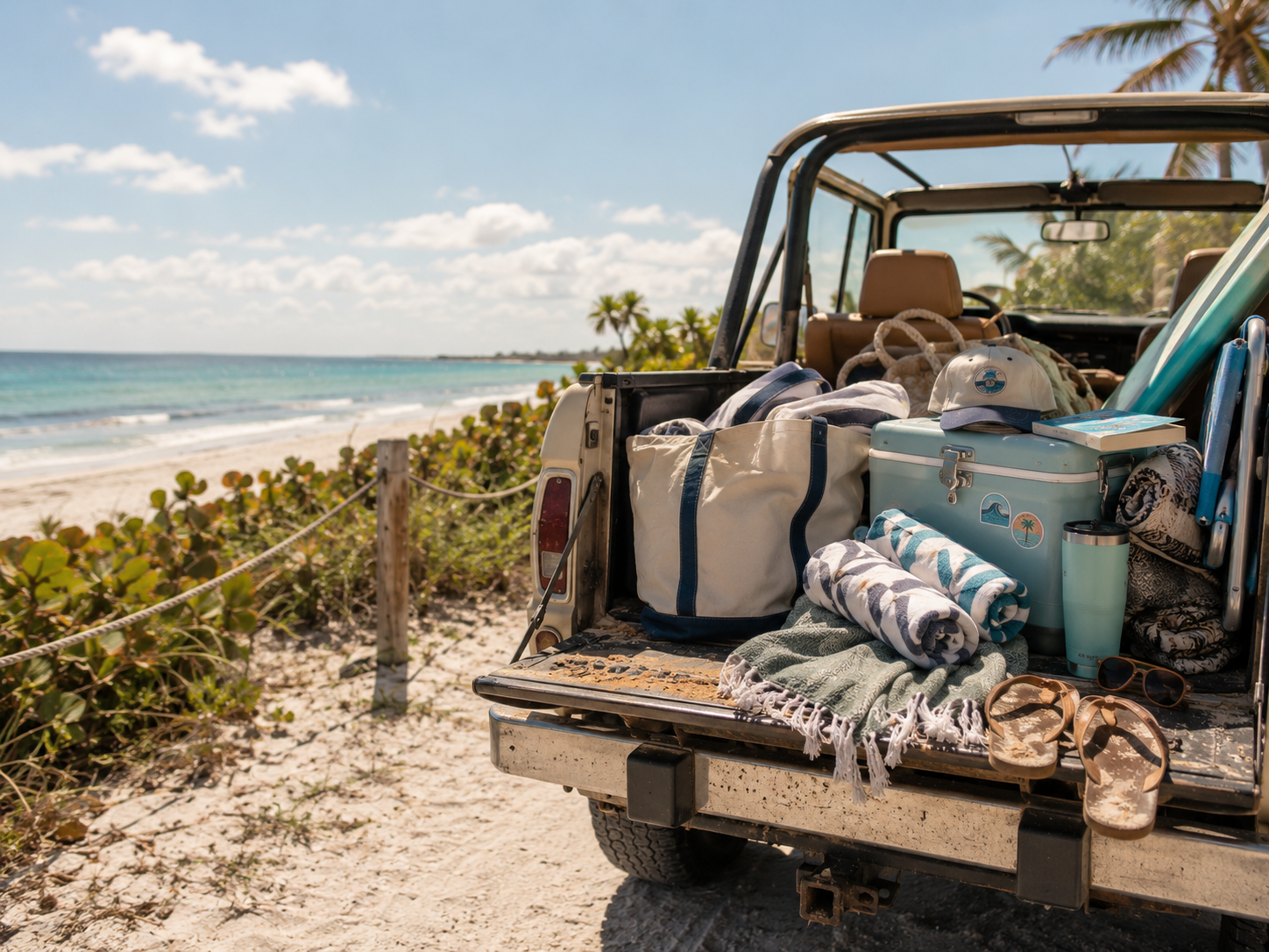 A vintage pickup truck parked on a sandy beach with its tailgate open, loaded with beach gear including a large cream tote bag, a light blue cooler, a rolled towel, a green fringed blanket, sandals, and other travel accessories. The ocean, palm trees, and blue sky are visible in the background.