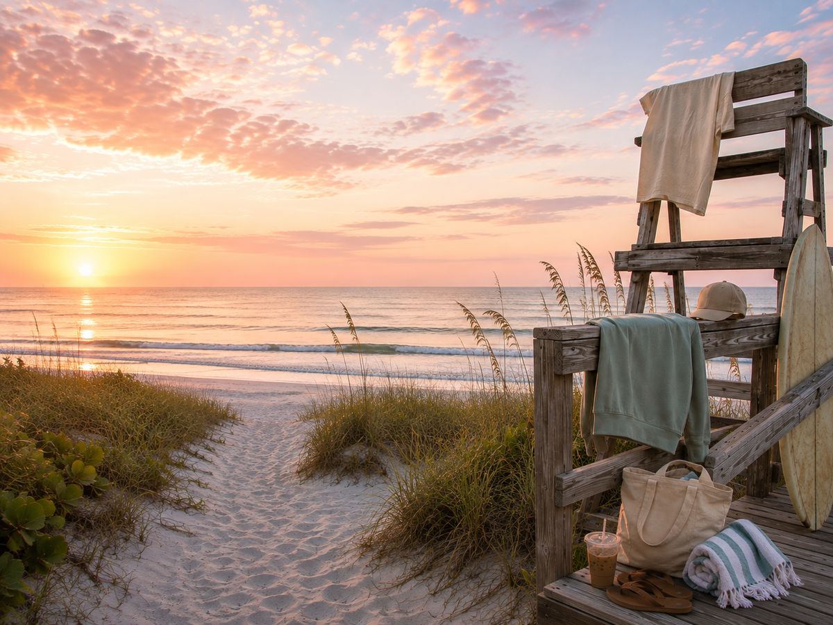 A beach sunset scene with a wooden lifeguard chair on the right holding towels and a surfboard, a sandy path leading to the ocean, and beach accessories including a tote bag, hat, and striped towel.