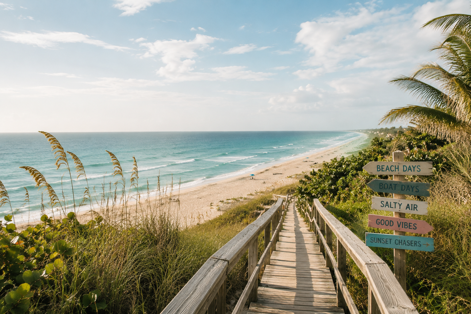 A wooden boardwalk leading down a sandy beach dune toward the ocean, with beach grass, palm leaves, a signpost, and a wide sandy shoreline under a blue sky.