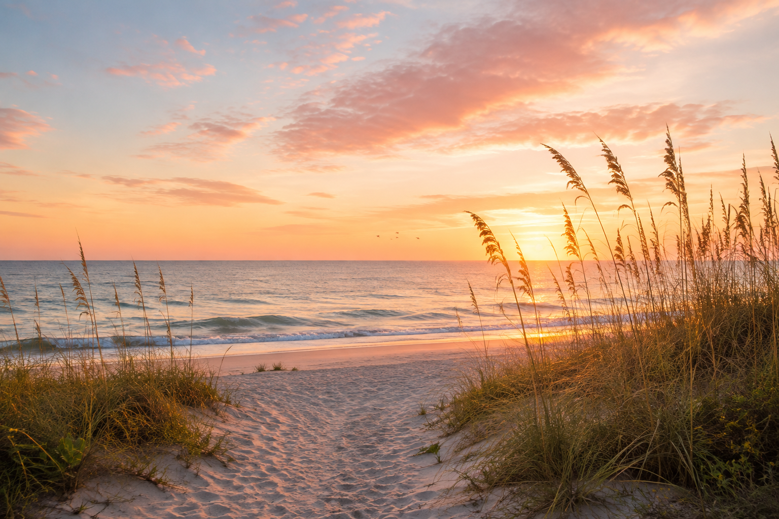 A scenic beach sunset with a sandy path leading to the ocean, framed by tall beach grass in the foreground under a pastel sky with pink, orange, and blue tones.