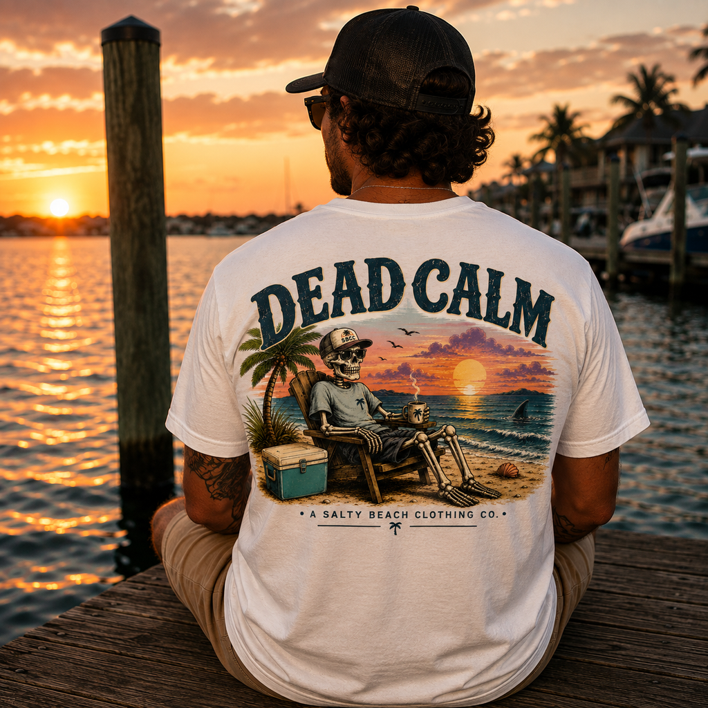 A man sitting on a wooden dock at sunset facing away from the camera, wearing a white t-shirt with a large back graphic that reads 'DEAD CALM' and shows a skeleton relaxing by a beach at sunset. The graphic also includes 'A DALTY BEACH CLOTHING CO.