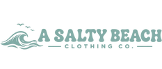 A logo-style graphic reading 'A SALTY BEACH CLOTHING CO.' in muted teal on a white background, with a wave illustration and small birds on the left.