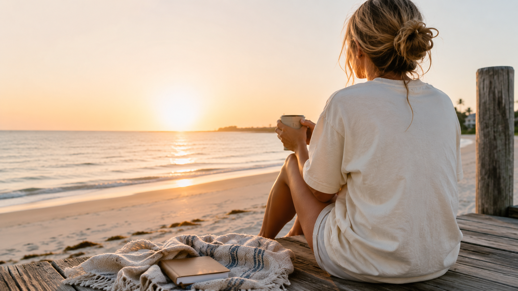 A woman sits on a wooden dock at a beach, seen from behind, holding a mug as she watches the sunset over the ocean. A cream T-shirt and shorts outfit, a striped blanket, and a book are visible on the dock.