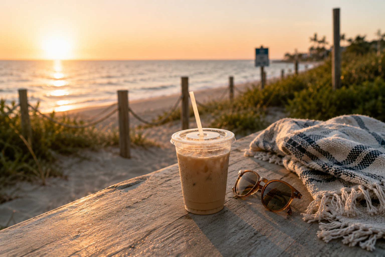 An iced coffee in a clear plastic cup with a straw sits on a wooden table at a beach, with a sunlit ocean, dunes, and a fringed throw blanket in the background. A pair of sunglasses rests beside the drink.
