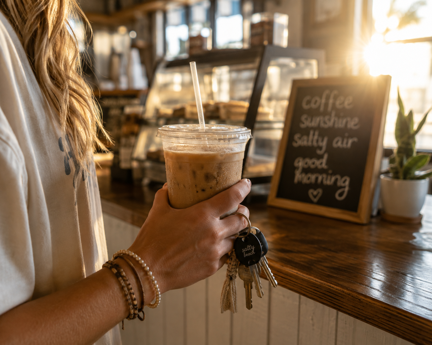 A person in a cafe holding an iced coffee with a straw, wearing a white t-shirt and holding keys, with a chalkboard sign reading 'coffee sunshine salty air good morning' on the counter.