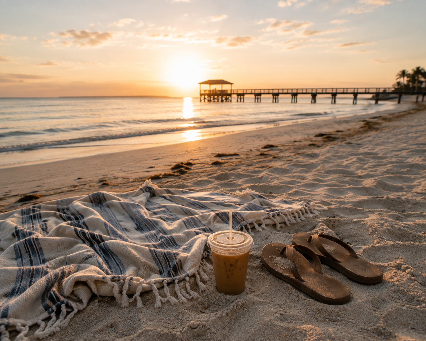 A beach scene at sunset with a striped fringed towel on the sand, an iced coffee, and a pair of brown flip-flops, with a pier and ocean in the background.