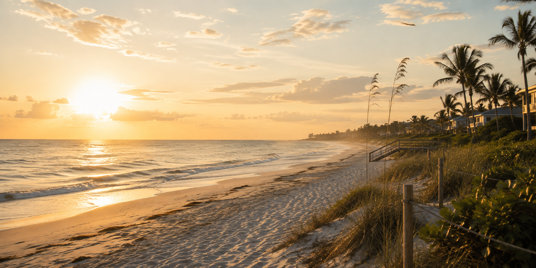 A scenic beach sunset with golden sunlight reflecting off the ocean waves, palm trees lining the shore, sand in the foreground, and a few buildings visible on the dunes.
