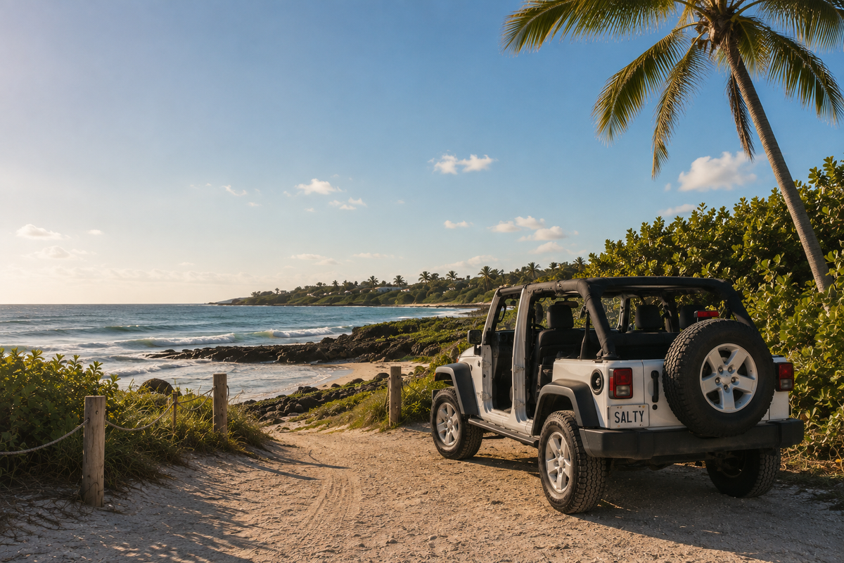 A white Jeep Wrangler with its doors and rear window removed is parked on a sandy beach path next to a palm tree, with the ocean and rocky shoreline in the background.