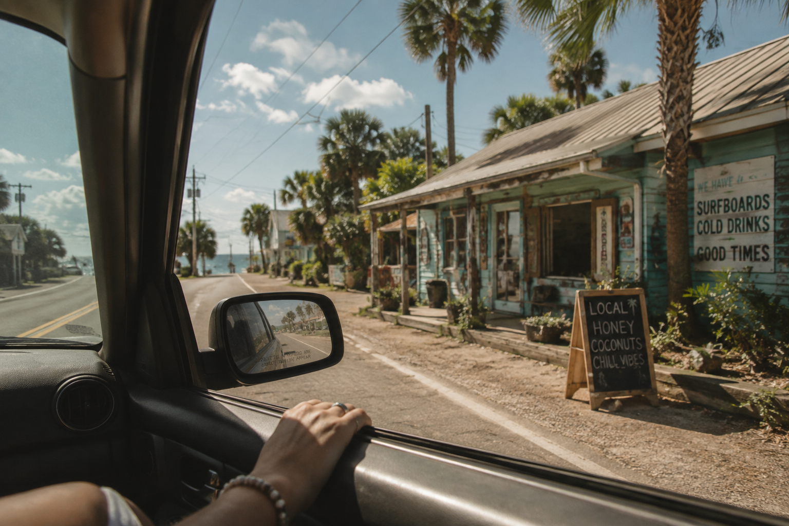 A scenic view from inside a moving car, looking out the window at a coastal roadside shop with palm trees, a small chalkboard sign, and a person's hand resting on the car door frame.