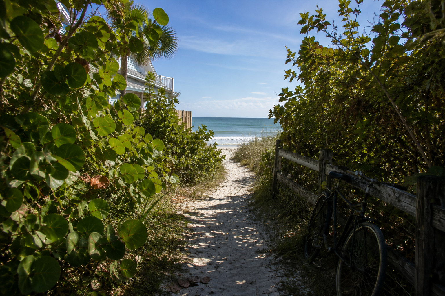 A sandy path between lush green bushes leads toward the ocean, with a wooden fence and a bicycle on the right side under a blue sky.