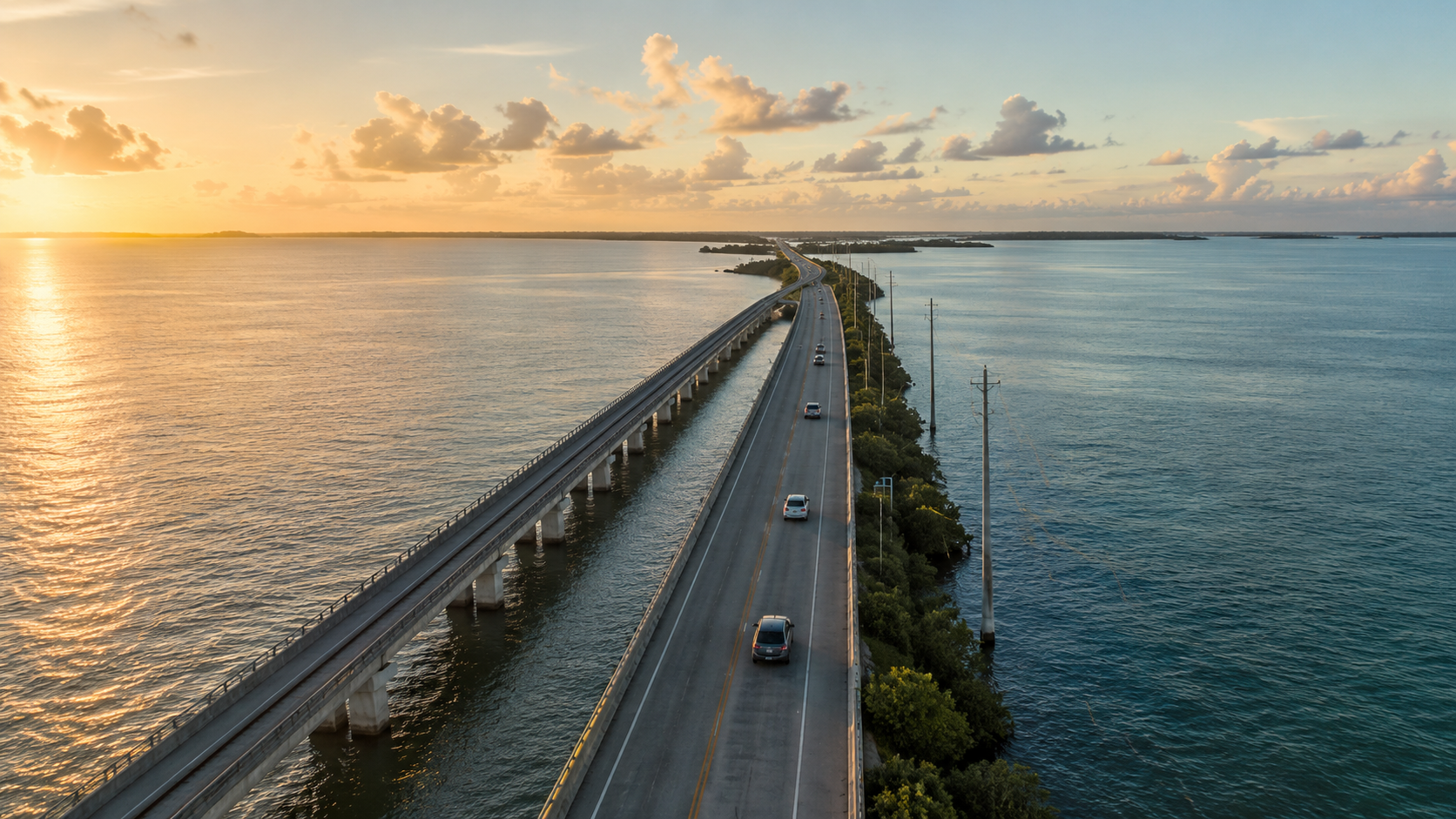 Aerial view of a long bridge spanning blue water at sunset, with a few cars traveling on the road and low clouds in the sky.