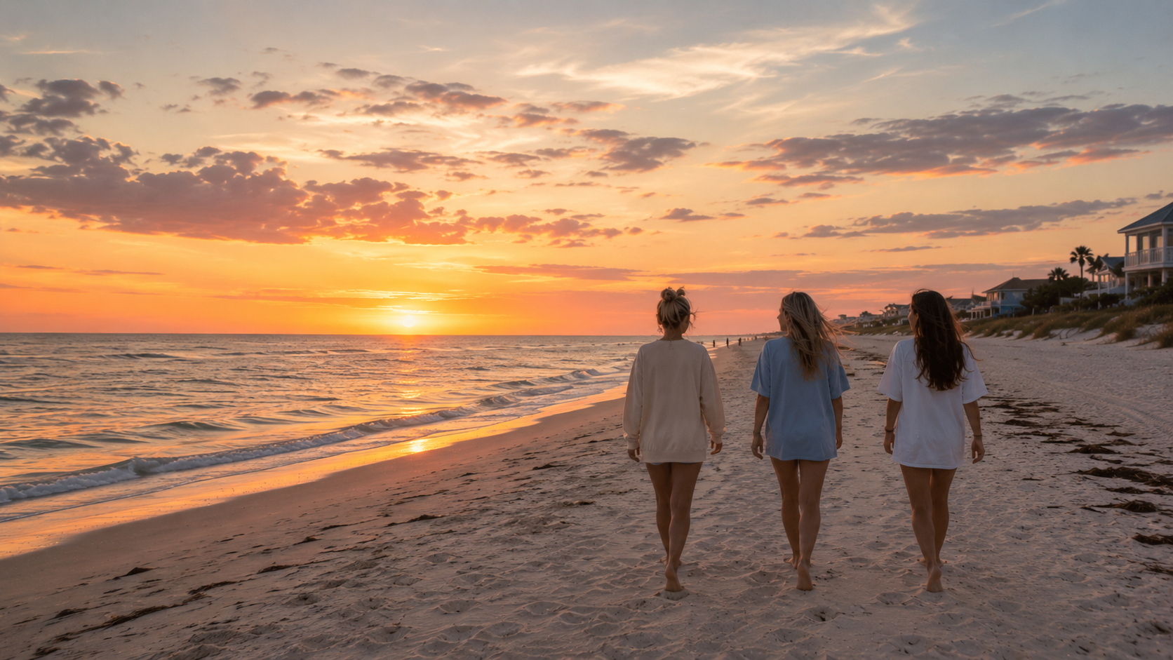 Three women walking away on a sandy beach at sunset, with the ocean, sky, and distant houses visible in the background.