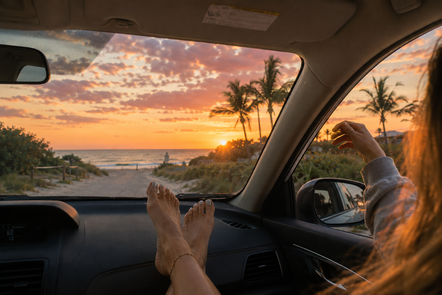 A scenic sunset view from inside a car, with a person's bare feet resting on the dashboard and their hand reaching out the window. Palm trees line a beach path outside under a vibrant orange and pink sky.