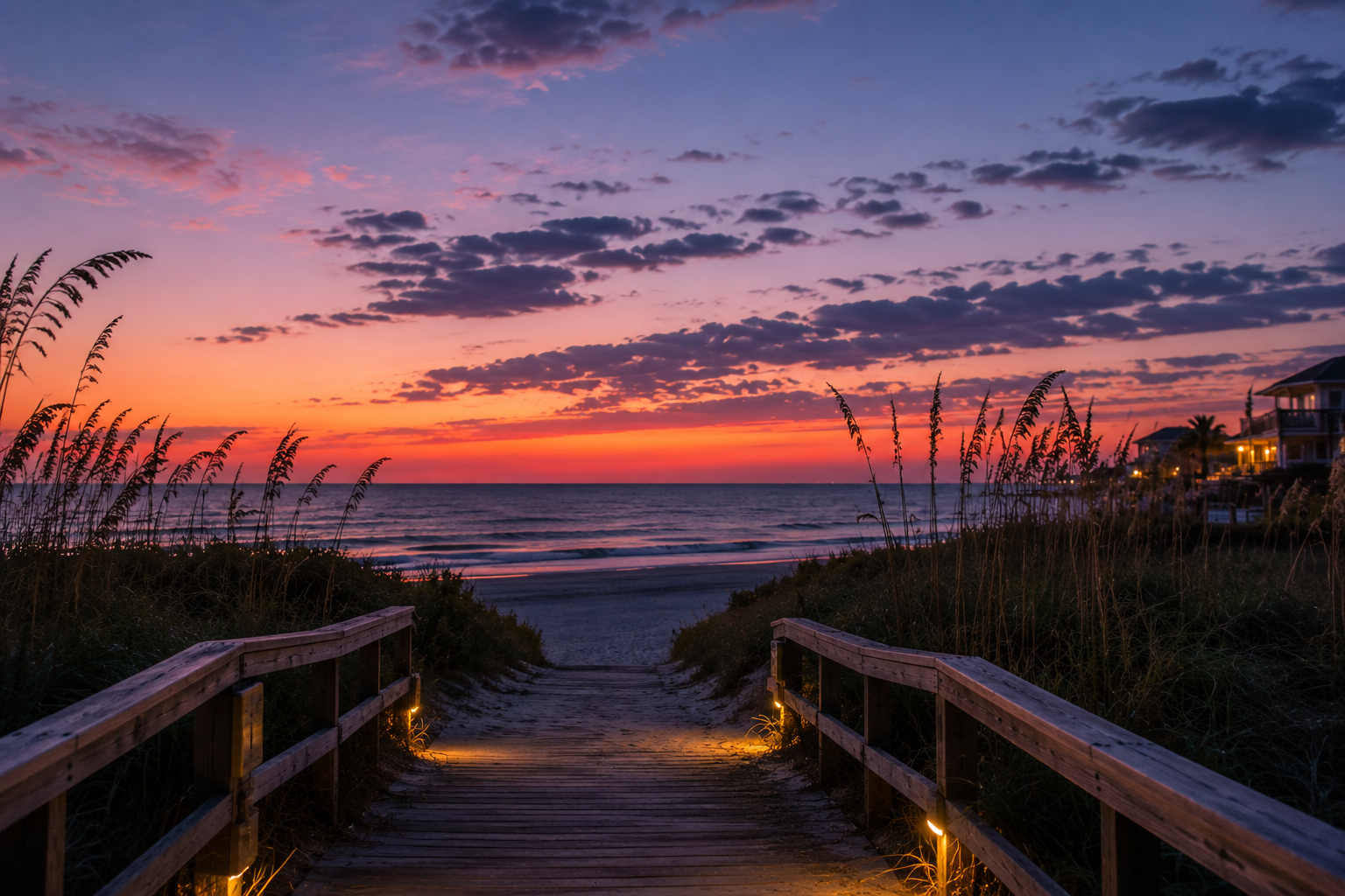 A wooden boardwalk leading down to a sandy beach at sunset, with ocean waves, sea oats, and a colorful sky in purple, pink, orange, and blue tones.