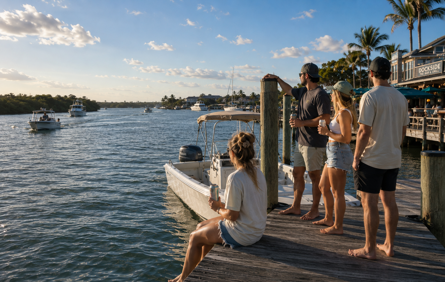 A group of four friends relax on a wooden dock by the water, with one sitting by the edge and three standing nearby. A small white boat is docked next to them, and boats, palm trees, and a building are visible in the background under a blue sky.