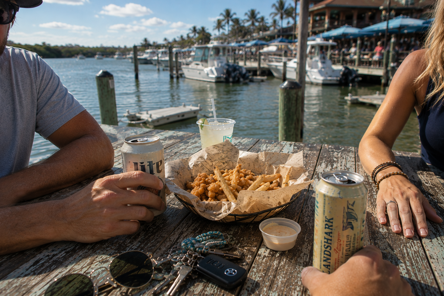 A lifestyle shot of a group of friends sitting at a wooden dock table outdoors, enjoying a meal of fried fish and chips with cans of Bud Light and Anchor Shark beer. The background features a marina with boats and water under a sunny sky.