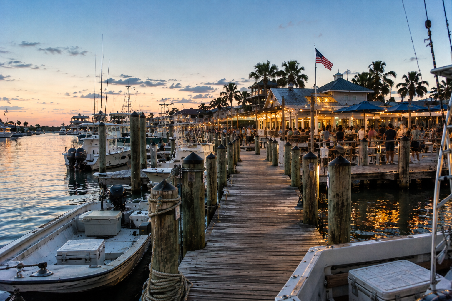 A wooden dock extends from the foreground toward a waterfront restaurant at sunset, with boats moored along both sides, palm trees, and warm lights reflecting on the water.