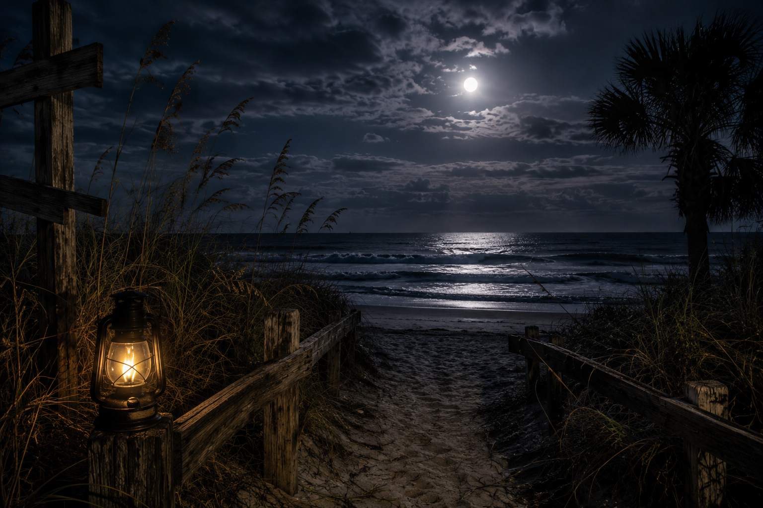 A nighttime beach scene with a sandy path leading from dunes to the ocean under a full moon, with a glowing lantern in the foreground and a palm tree on the right.