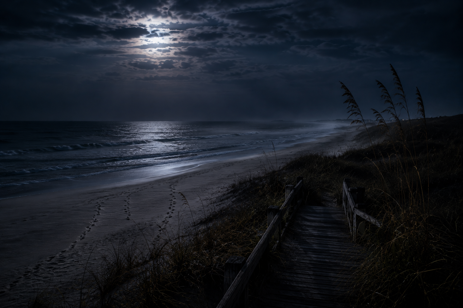 A moody night beach scene with a wooden boardwalk leading from dunes to the shoreline, under a dark cloudy sky and bright moon reflection on the ocean.