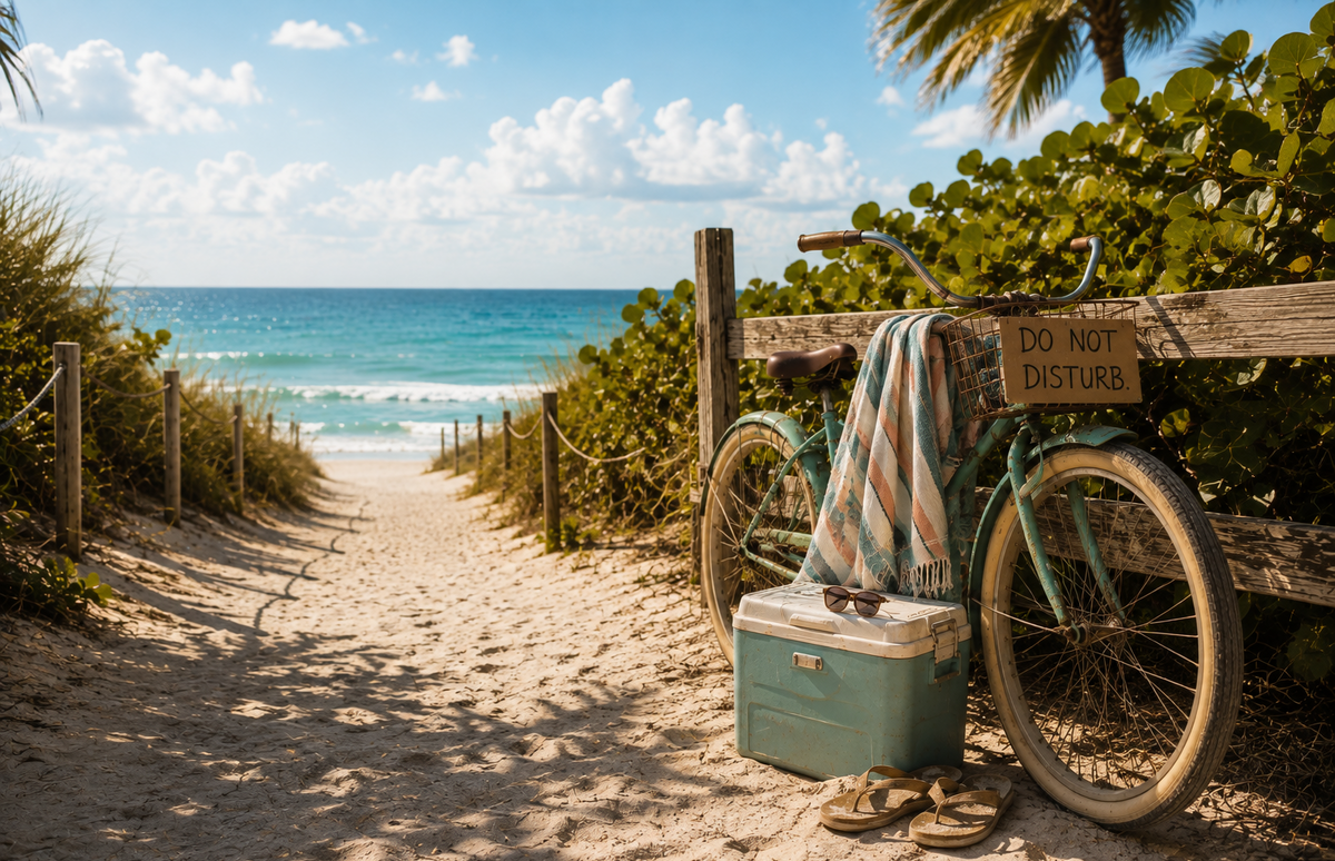 A vintage teal bicycle leans against a wooden fence on a sandy beach path, with a striped towel draped over the seat and a matching cooler box in front. The background shows a tropical beach, blue ocean, and sky, with a 'DO NOT DISTURB' sign on the bicycle basket.