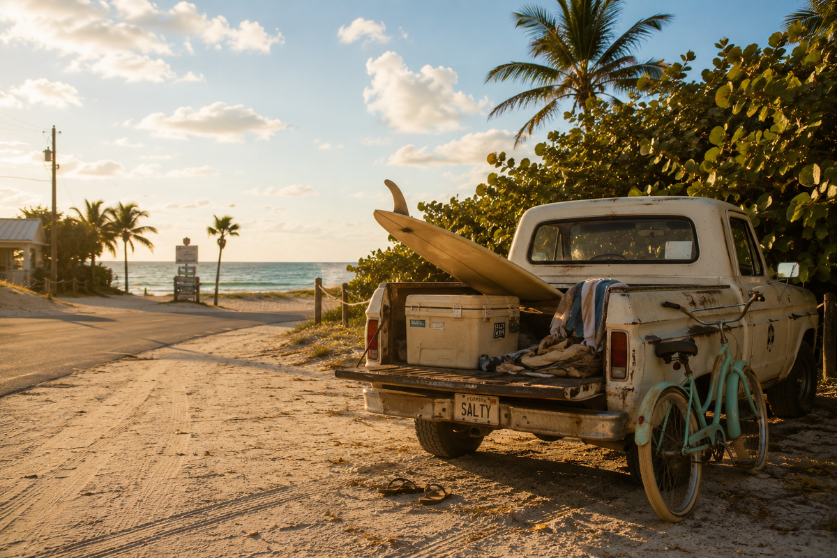 A white vintage pickup truck parked on a sandy beach road at sunset, with a surfboard in the bed, a cooler, and a turquoise bicycle leaning against the rear side. Palm trees, ocean, and blue sky are visible in the background.