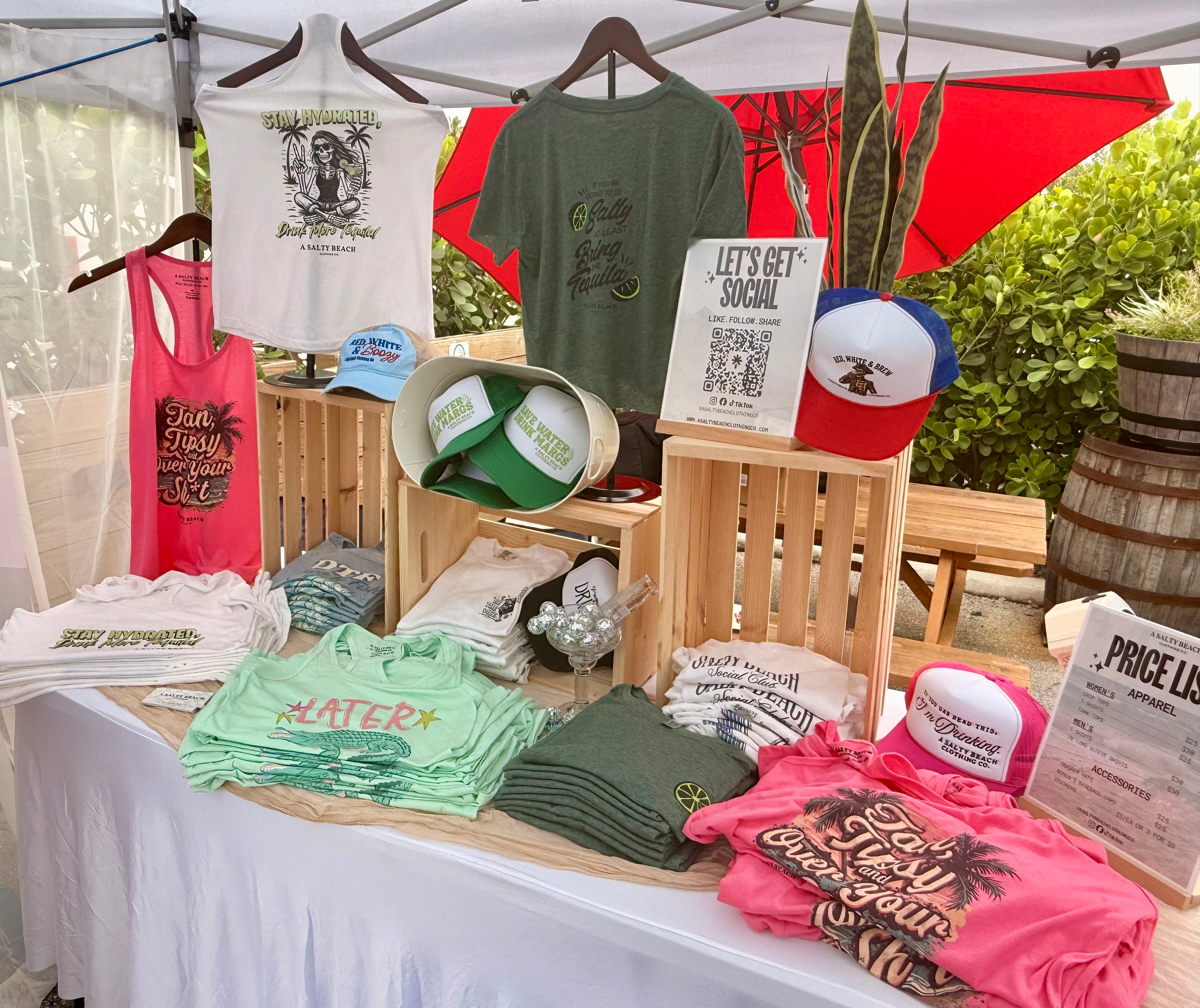 A Salty Beach Clothing Co apparel booth at the Frazier Creek Brewing pop-up market.