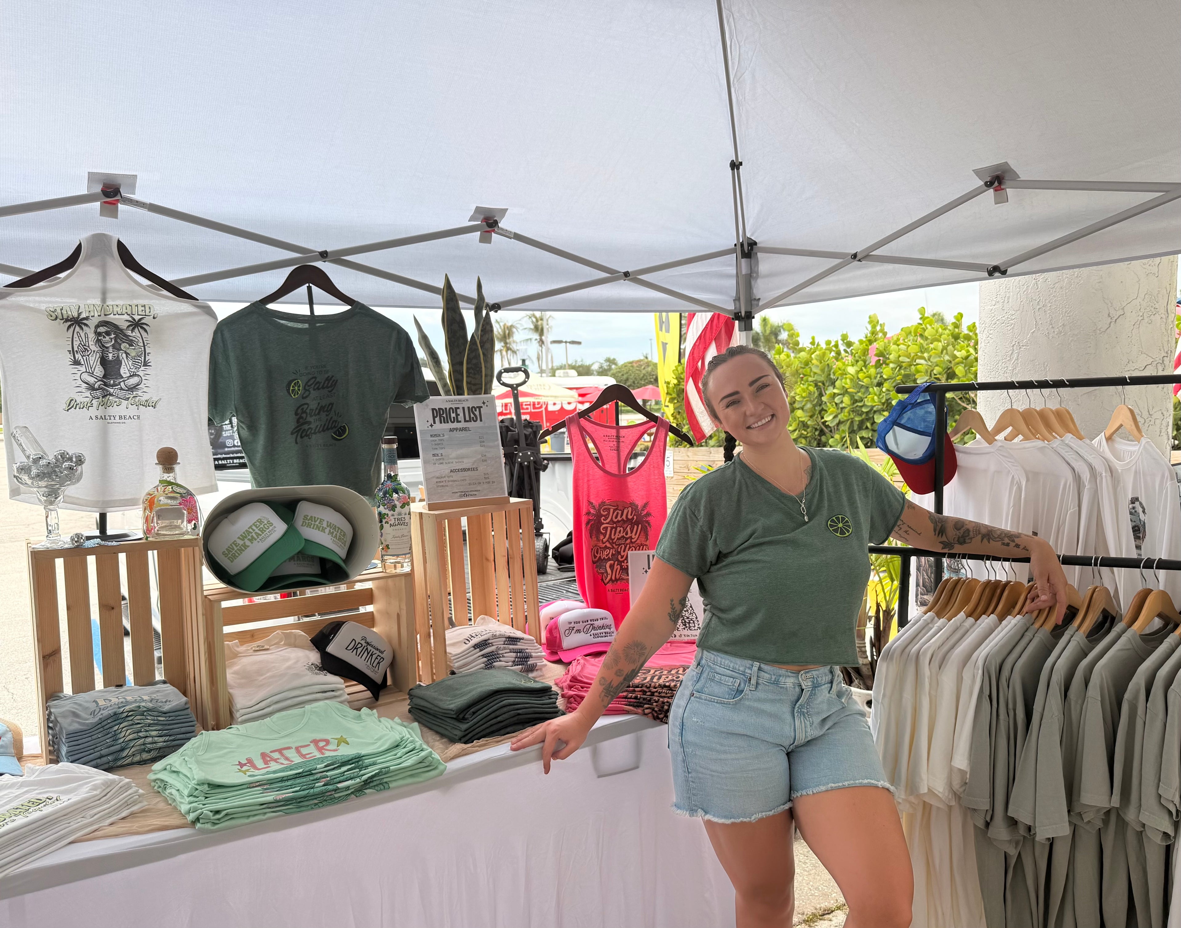 Ash, Found standing in front of A Salty Beach Clothing Co apparel booth at the Frazier Creek Brewing pop-up market.