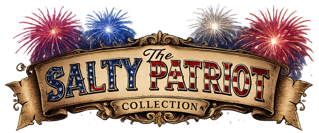Logo for 'The Salty Patriot Collection' with fireworks on a white background